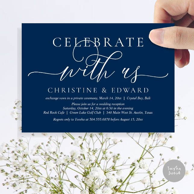Fira med oss, Bröllopsfirande Invitation Inbjudningar (Celebrate with us, Romantic Modern Wedding Elopement Invitation Card, PDF, in Navy Blue)