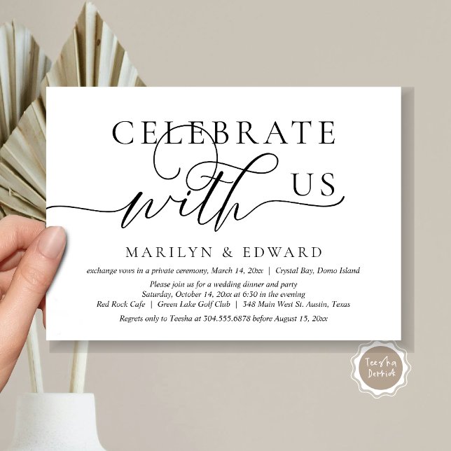 Fira med oss, Bröllopsfirande med Elopement-inbjud Inbjudningar (Celebrate with us, Wedding Elopement Party Invitation Card, Modern Romantic, Black and White themed.)
