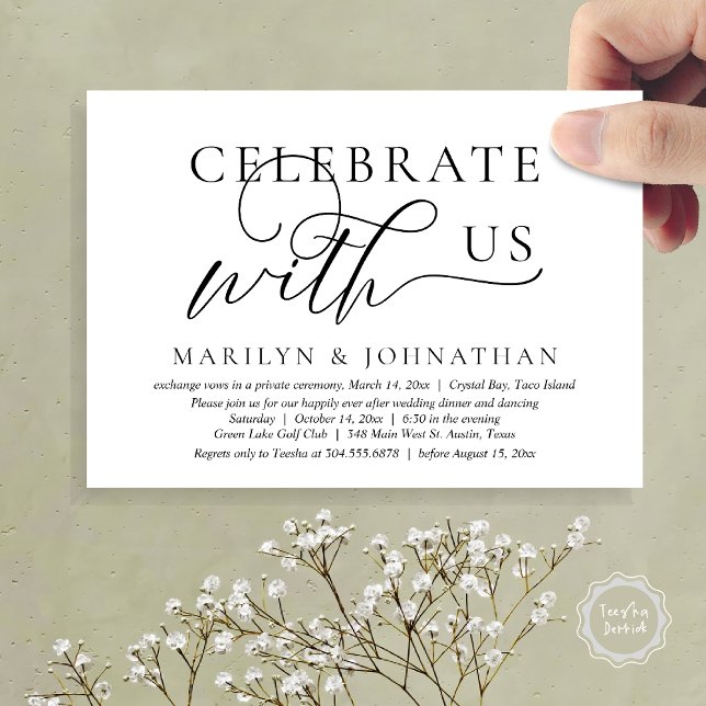Fira med oss Bröllopsflykt Middag Dansning Inbjudningar (Celebrate with us Wedding Elopement Dinner Dancing Invitation Card, PDF, Black White)