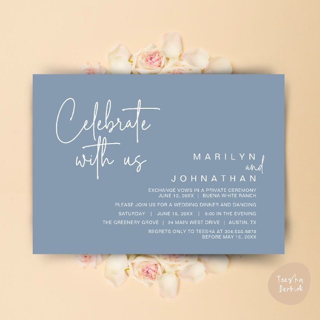 Fira med oss, Bröllopsflykt Middag fest Inbjudningar (Celebrate with us, Modern Wedding Elopement Dinner Lunch Brunch Party Invites Card PDF Dusty Blue)