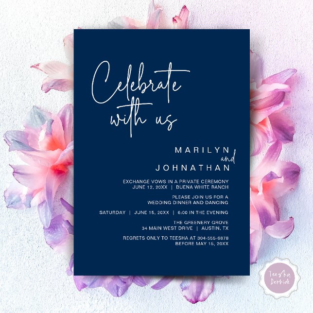 Fira med oss, Bröllopsflykt Middag fest Inbjudningar (Celebrate with us, Modern Wedding Elopement Dinner Lunch Brunch Party Invites Card PDF Navy Blue)