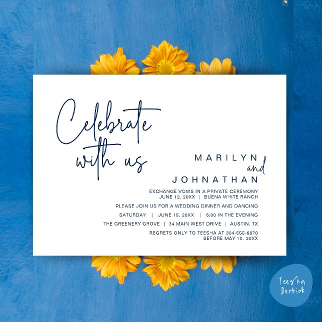 Fira med oss, Bröllopsflykt Middag fest Inbjudningar (Celebrate with us, Modern Wedding Elopement Dinner Lunch Brunch Party Invites Card PDF Navy Blue)
