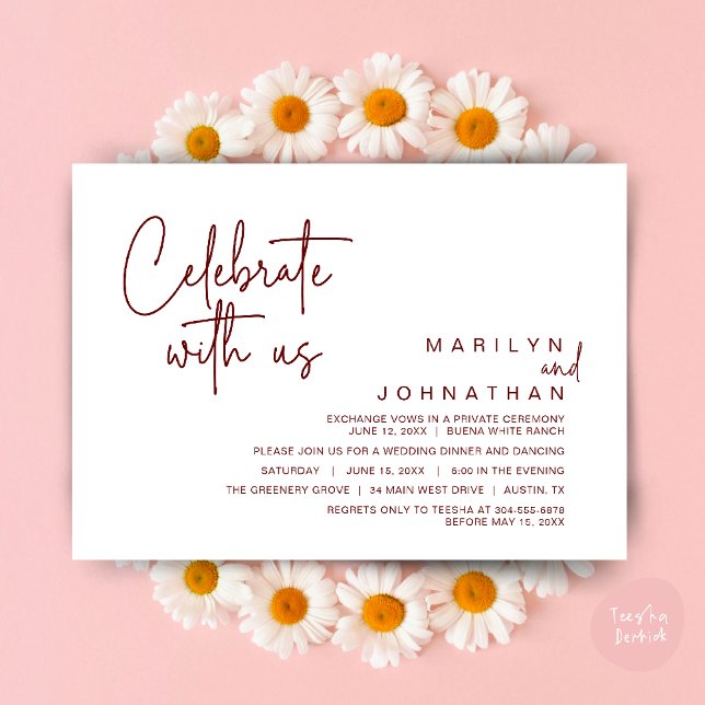 Fira med oss, Bröllopsflykt Middag fest Inbjudningar (Celebrate with us, Modern Wedding Elopement Dinner Lunch Brunch Party Invites Card PDF Burgundy Wine)