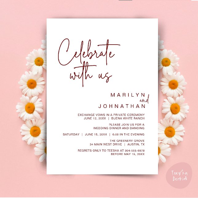 Fira med oss, Bröllopsflykt Middag fest Inbjudningar (Celebrate with us, Modern Wedding Elopement Dinner Lunch Brunch Party Invites Card PDF Burgundy Wine)