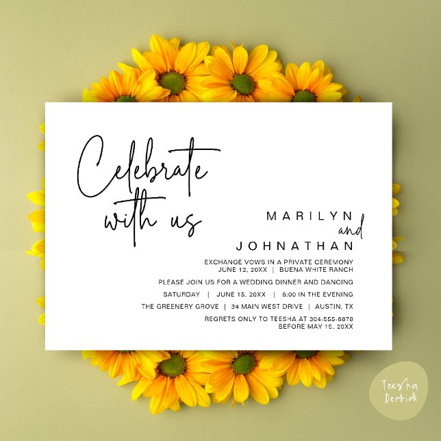 Fira med oss, Bröllopsflykt Middag fest Inbjudningar (Celebrate with us, Modern Wedding Elopement Dinner Lunch Brunch Party Invites Card PDF White Black)