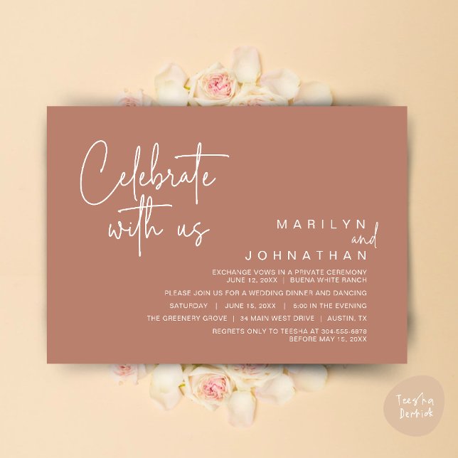 Fira med oss, Bröllopsflykt Middag fest Inbjudningar (Celebrate with us, Modern Wedding Elopement Dinner Lunch Brunch Party Invites Card PDF Earthy Brown)