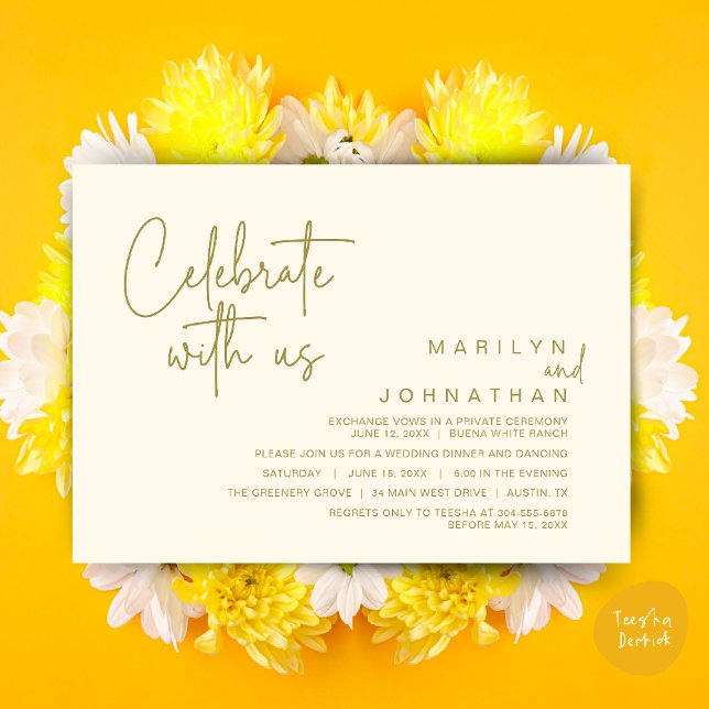 Fira med oss, Bröllopsflykt Middag fest Inbjudningar (Celebrate with us, Modern Wedding Elopement Dinner Lunch Brunch Party Invites Card PDF Yellow Gold)