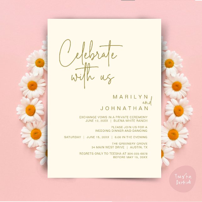 Fira med oss, Bröllopsflykt Middag fest Inbjudningar (Celebrate with us, Modern Wedding Elopement Dinner Lunch Brunch Party Invites Card PDF Yellow Gold)