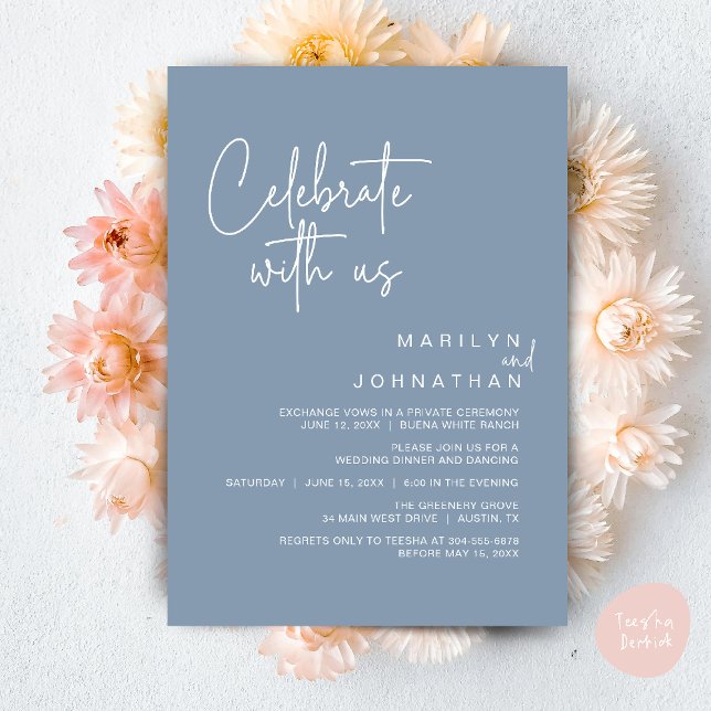 Fira med oss, Bröllopsflykt Middag fest Inbjudningar (Celebrate with us, Modern Wedding Elopement Dinner Lunch Brunch Party Invites Card PDF Dusty Blue)