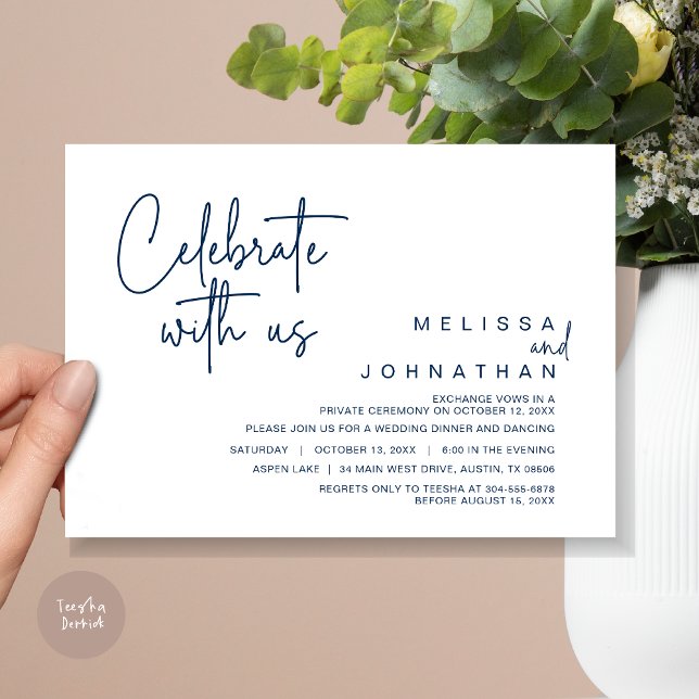 Fira med oss, Bröllopsflykt Middag fest Inbjudningar (Celebrate With Us, Wedding Elopement Dinner Invitation Card, PDF, in Navy Blue)