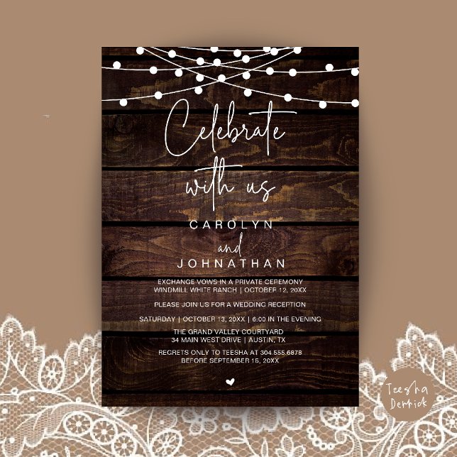 Fira med oss, Bröllopsflykt Strängljus Inbjudningar (Celebrate with us, Wedding Elopement String Lights Invitation Card Brown Wood)