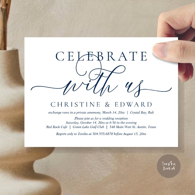 Fira med oss, Bröllopsflyktfest Inbjudningar (Celebrate with us, Romantic Modern Wedding Elopement Invitation Card, PDF, in Navy Blue)