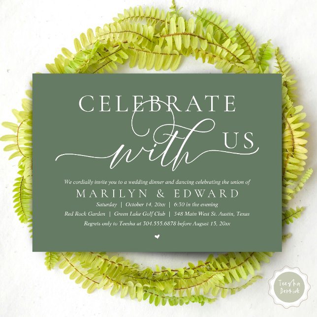 Fira med oss, Bröllopsflyktmiddag Inbjudningar (Celebrate with us, Modern Romantic Wedding Elopement Dinner Invitation Card, PDF, in Sage Green)