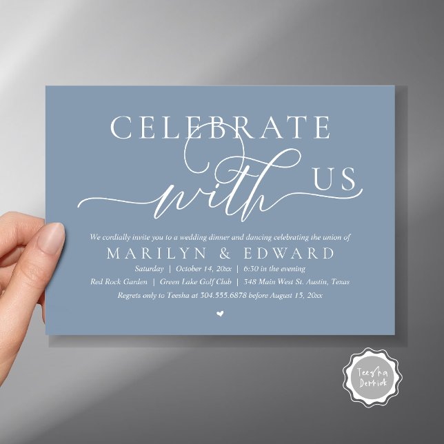Fira med oss, Bröllopsflyktmiddag Inbjudningar (Celebrate with us, Modern Romantic Wedding Elopement Dinner Invitation Card, PDF, in Dusty Blue)