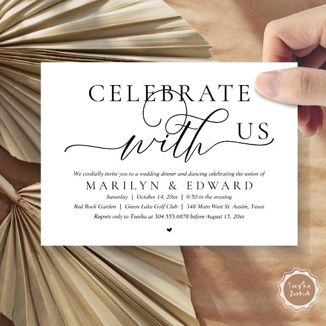 Fira med oss, Bröllopsflyktmiddag Inbjudningar (Celebrate with us, Modern Romantic Wedding Elopement Dinner Invitation Card, PDF, in Black and White)