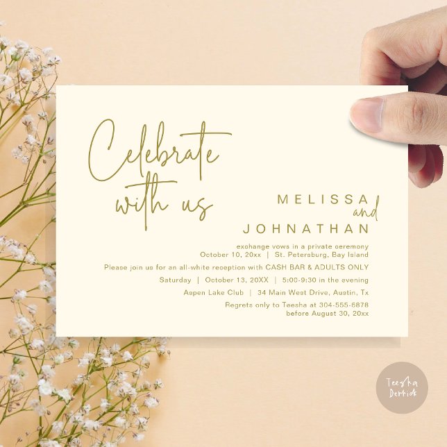 Fira med oss, bröllopsmottagning Pengarar Pub Inbjudningar (Celebrate with us, Wedding Reception Dinner Cash Bar Adults Only Invitation Card PDF in Yellow Gold)