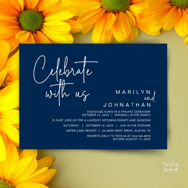 Fira med oss, Efterbröllopsfest Inbjudningar (Celebrate with us, Post Wedding Elopement Party Dinner Brunch Lunch Invitation Card PDF Navy Blue)