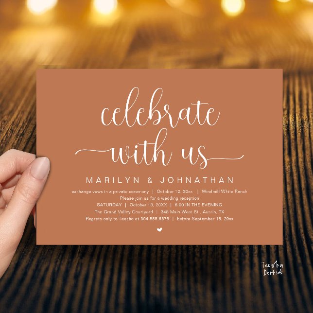 Fira med oss Elegant middag på bröllopsreceptionen Inbjudningar (Celebrate With Us Elegant Modern Wedding Reception Dinner Invitation Card in Terracotta Copper Brown)