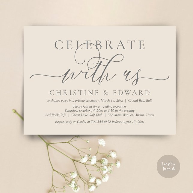 Fira med oss, Elopementfest, Kräm och Grå Inbjudningar (Celebrate with us, Romantic Modern Wedding Elopement Invitation Card, PDF, in Cream Grey)