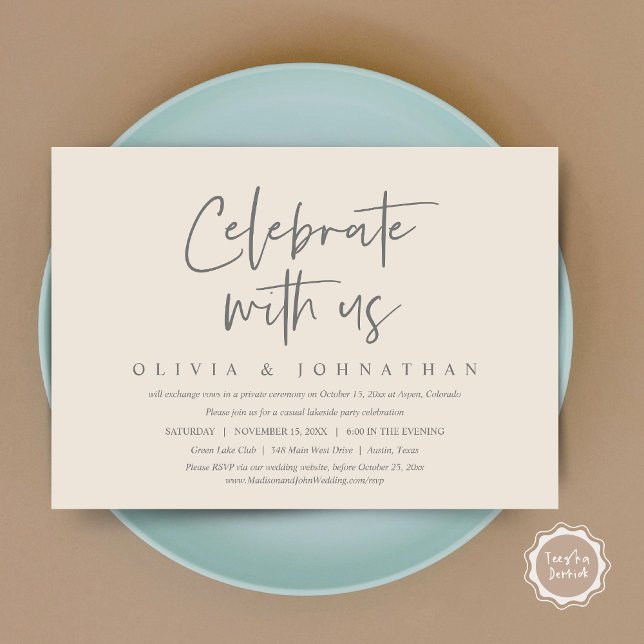 Fira med oss, Enkel Bröllopsflyktfest Inbjudningar (Celebrate With Us, Wedding Elopement Brunch, Lunch, Dinner Party Invitation Card, PDF, Cream Grey)