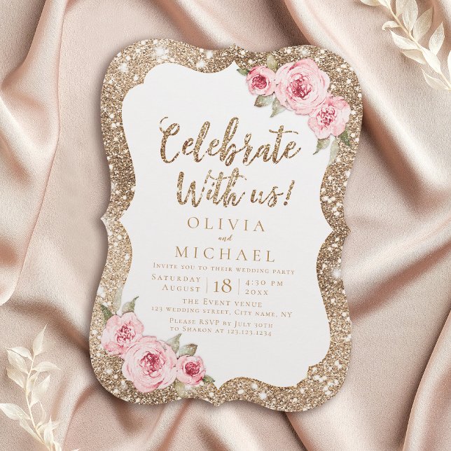 Fira med oss! Glitter och rosa blommor Inbjudningar (Celebrate With Us! Sparkle glitter and pink floral Invitation)