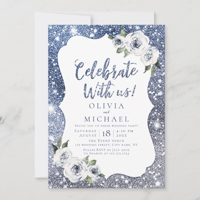 Fira med oss! Gnistrande blå glitter och blommor Inbjudningar (Framsida)