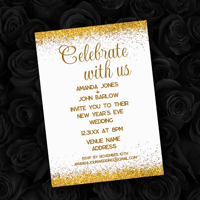 Fira med oss Guld Nyårsafton Bröllop Inbjudningar (Celebrate With Us Gold New Year's Eve Wedding Invitation)