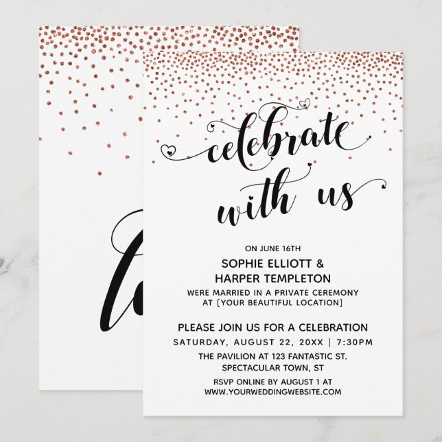 Fira med oss Hjärtmanus Kopparkonfetti Inbjudningar (Fram/baksida)