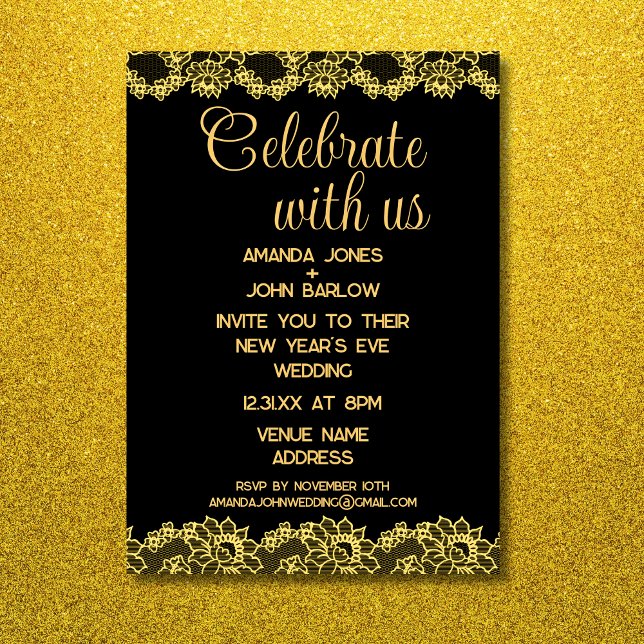 Fira med oss i Guld Blommigt, nyår Bröllop Inbjudningar (Celebrate With Us Gold Floral New Year's Wedding Invitation)