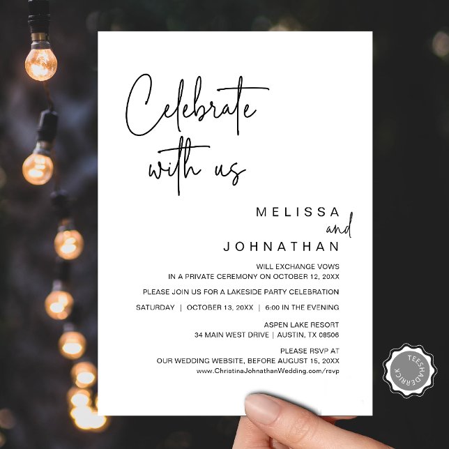 Fira med oss, inbjudan till Bröllop Elopement Part (Celebrate with us, Wedding Elopement Dinner Party Invitation, Digital Downloadable)