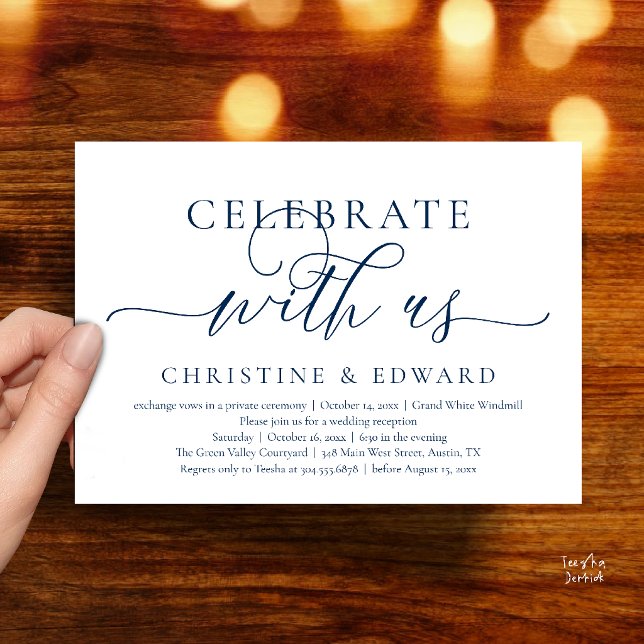 Fira med oss, Klassfest för Elopementbröllop Inbjudningar (Celebrate with us, Wedding Elopement Dinner Brunch Lunch Party Invitation Card in Navy Blue)