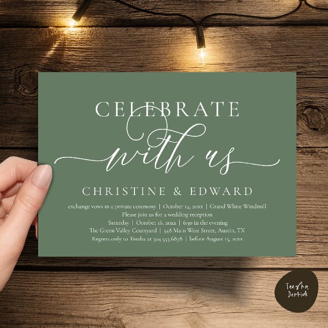 Fira med oss, Klassfest för Elopementbröllop Inbjudningar (Celebrate with us, Wedding Elopement Dinner Brunch Lunch Party Invitation Card Sage Green)