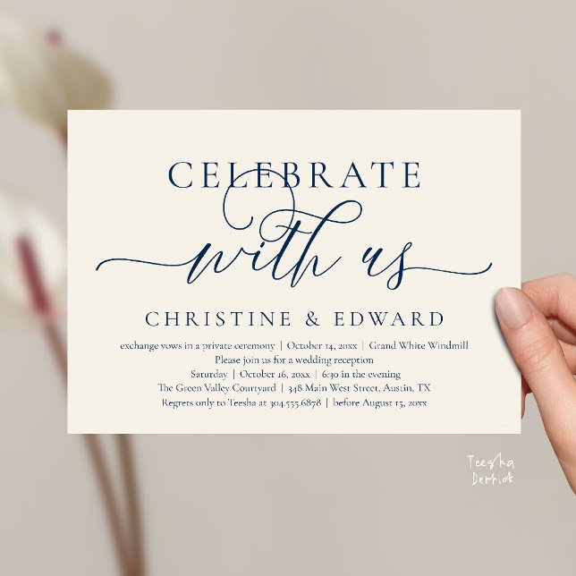 Fira med oss, Klassfestlig Bröllopsfest för Elopem Inbjudningar (Celebrate with us, Wedding Elopement Dinner Brunch Lunch Party Invitation Card Navy Blue and Ivory)