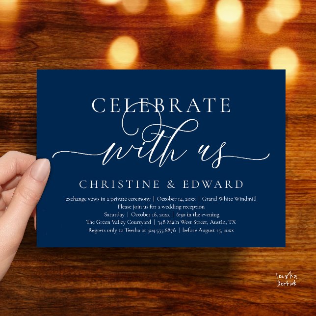 Fira med oss, Klassfestlig vigsel bröllopsfest Inbjudningar (Celebrate with us, Wedding Elopement Dinner Brunch Lunch Party Invitation Card Navy Blue)