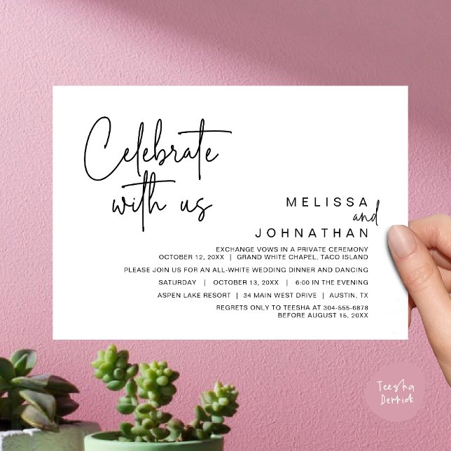 Fira med oss, Modern Bröllop Elopement Middag Inbjudningar (Celebrate with us, Modern Wedding Elopement Dinner Invitation Card, Brunch, Lunch PDF, White Black)