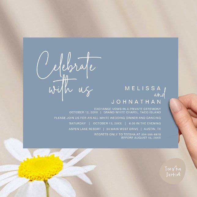 Fira med oss, Modern Bröllop Elopement Middag Inbjudningar (Celebrate with us, Modern Wedding Elopement Dinner Invitation Card, Brunch, Lunch PDF, Dusty Blue)