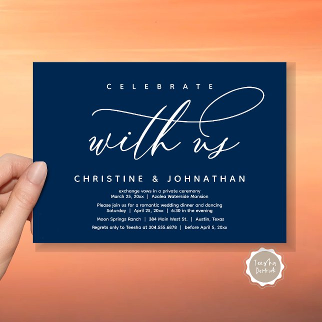 Fira med oss, Modern Bröllop Elopement Middag Inbjudningar (Celebrate with us, Modern Wedding Elopement Dinner Invitation Card, PDF, Modern Romantic Navy Blue)