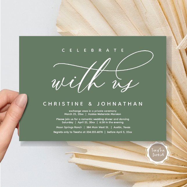 Fira med oss, Modern Bröllop Elopement Middag Inbjudningar (Celebrate with us, Modern Wedding Elopement Dinner Invitation Card, PDF, Modern Romantic Sage Green)