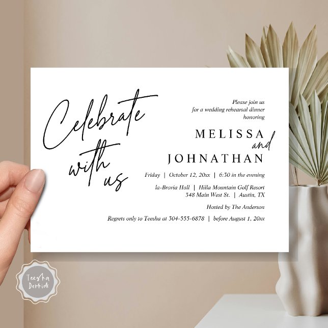 Fira med oss, Modern Bröllop Rehearsal Dinner Inbjudningar (Celebrate with us, Modern Wedding Rehearsal Dinner Invitation Card, PDF, in Black White)