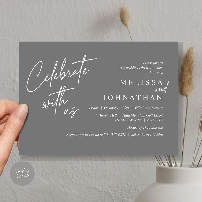 Fira med oss, Modern Bröllop Rehearsal Dinner Inbjudningar (Celebrate with us, Modern Wedding Rehearsal Dinner Invitation Card, PDF, in Dark Grey)