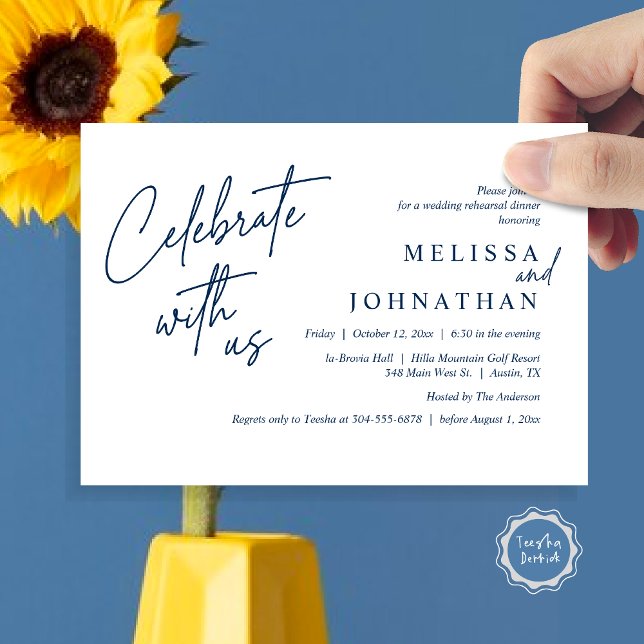 Fira med oss, Modern Bröllop Rehearsal Dinner Inbjudningar (Celebrate with us, Modern Wedding Rehearsal Dinner Invitation Card, PDF, in Navy Blue)