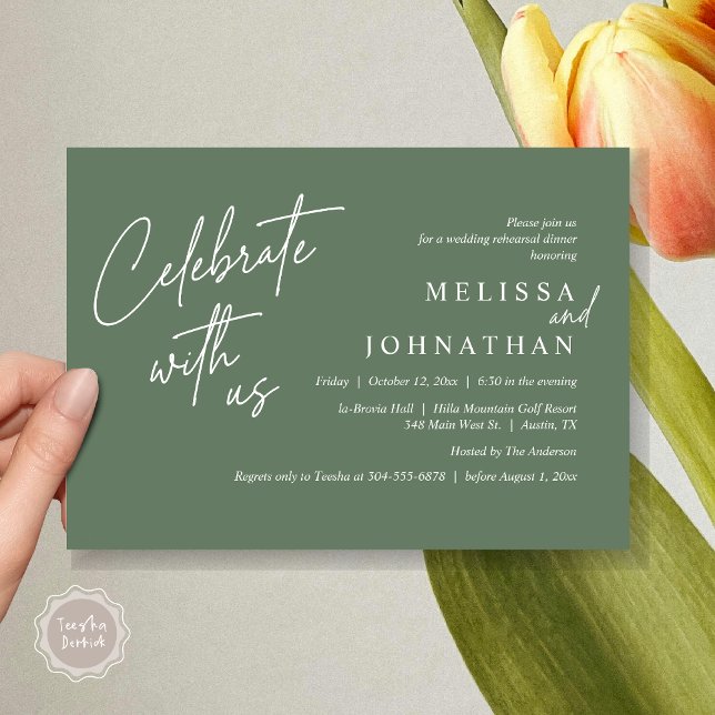 Fira med oss, Modern Bröllop Rehearsal Dinner Inbjudningar (Celebrate with us, Modern Wedding Rehearsal Dinner Invitation Card, PDF, in Forest Sage Green)