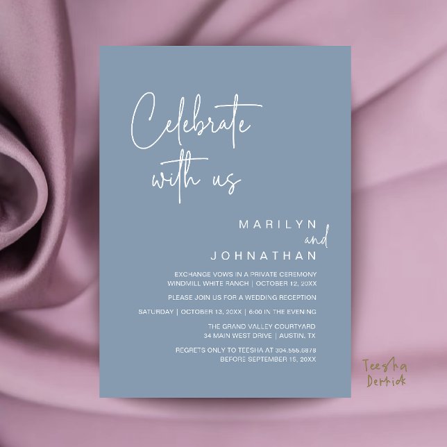 Fira med oss, Modern Bröllopsfest Inbjudningar (Celebrate with us, Modern Wedding Reception Dinner Party Invitation Card in Dusty Blue)