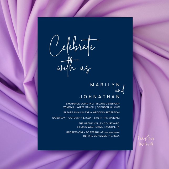 Fira med oss, Modern Bröllopsfest Inbjudningar (Celebrate with us, Modern Wedding Reception Dinner Party Invitation Card in Navy Blue)