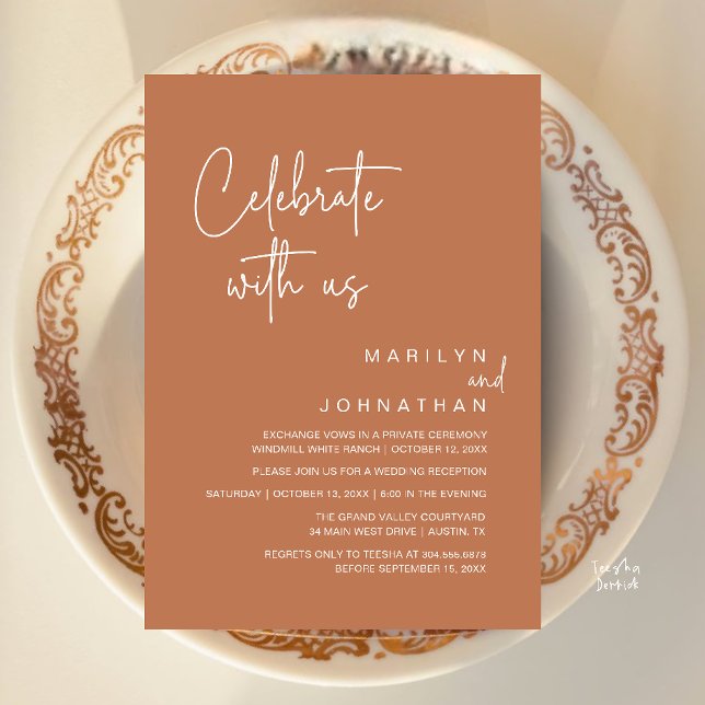Fira med oss, Modern Bröllopsfest Inbjudningar (Celebrate with us, Modern Wedding Reception Dinner Party Invitation Card in Copper Brown Terracotta)