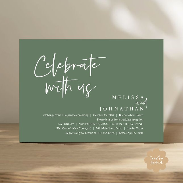 Fira med oss Modern Bröllopsfest Inbjudningar (Celebrate with us Modern Casual Wedding Reception Dinner Lunch Brunch Invites Card PDF Sage Green)