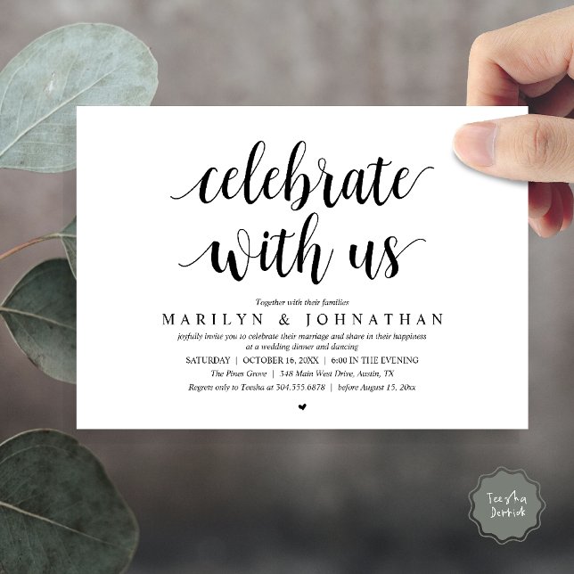 Fira med oss, Modern Bröllopsflykt Middag Inbjudningar (Celebrate with us, Modern Wedding Elopement Dinner Lunch Brunch Invitation Card in Black and White)