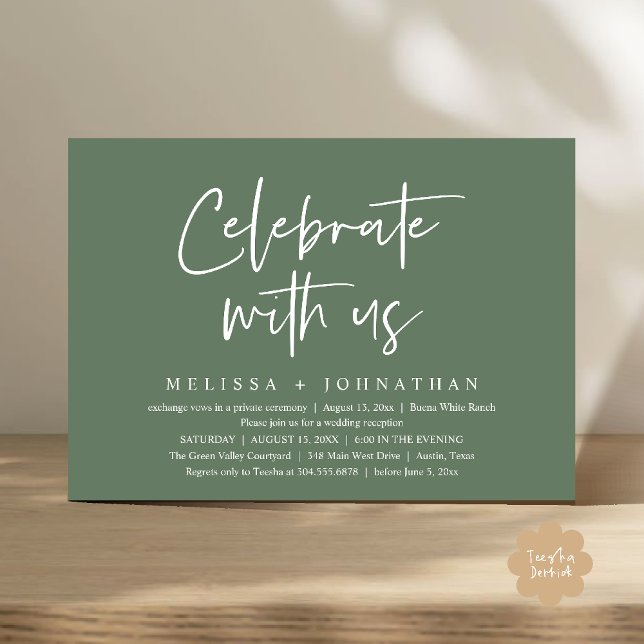 Fira med oss Modern bröllopsmottagning Inbjudningar (Celebrate with us Modern Casual Wedding Reception Dinner Lunch Brunch Invites Card PDF Sage Green)