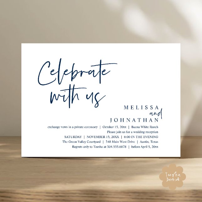 Fira med oss Modern bröllopsmottagning Inbjudningar (Celebrate with us Modern Casual Wedding Reception Dinner Lunch Brunch Invites Card PDF Navy Blue)