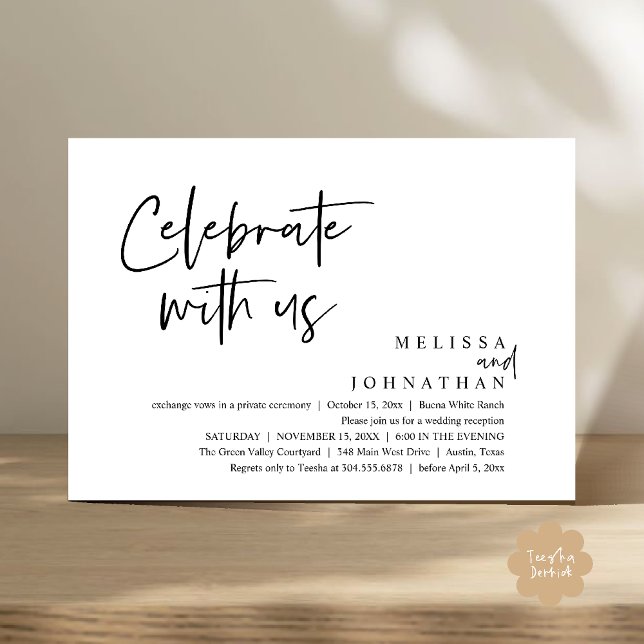 Fira med oss Modern bröllopsmottagning Inbjudningar (Celebrate with us Modern Casual Wedding Reception Dinner Lunch Brunch Invites Card PDF Black White)